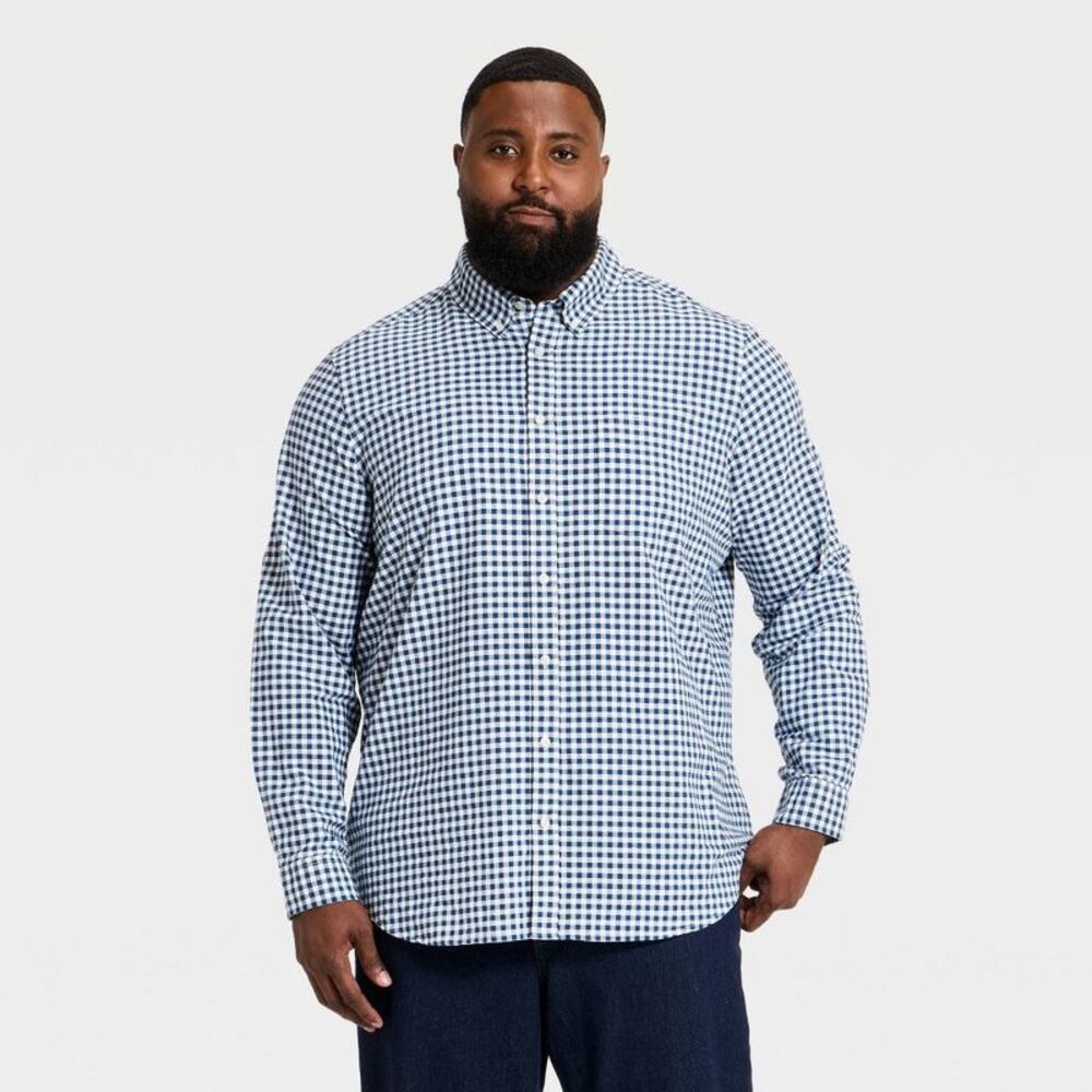 Men's Tall Every Wear Long Sleeve Oxford Button-Down Shirt - Blue Gingham LT
